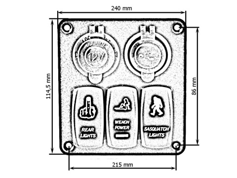 Panel przełączników 12/24V ON-OFF x 3 + gniazdo zasilania + 2 gniazda USB (3.1A) + 2 bezpieczniki 15A IP68