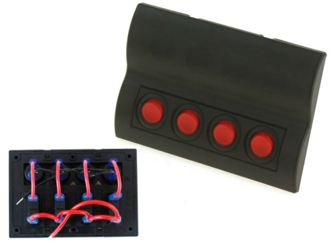 Panel przełączników 12/24V ON-OFF x 4 + bezpieczniki 2 x 5A, 10A, 15A LED IP68