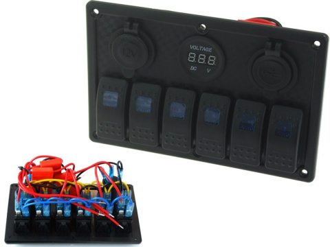 Panel przełączników ON-OFF x 5 + gniazdo zapalniczki + 2 gniazda USB 3.1A + 2 bezpieczniki 15A
