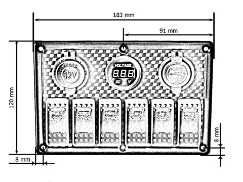 Panel przełączników ON-OFF x 5 + gniazdo zapalniczki + 2 gniazda USB 3.1A + 2 bezpieczniki 15A