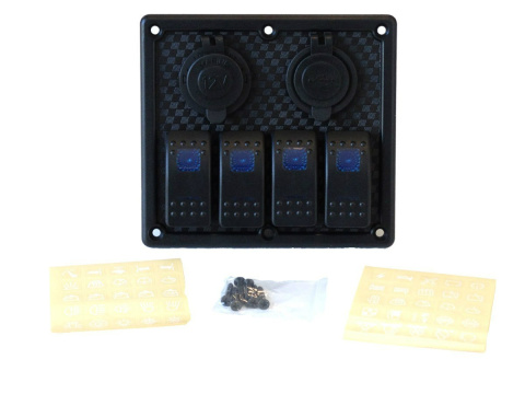 Panel przełączników ON-OFF x 4 + gniazdo zapalniczki + gniazdo USB 3.1A + 2 bezpieczniki 15A