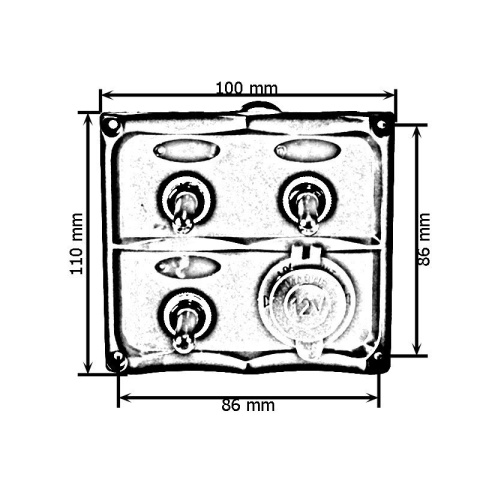 Panel przełączników 12V SPST/ON-OFF x 3 + gniazdo 12V + 2 bezpieczniki 15A IP68