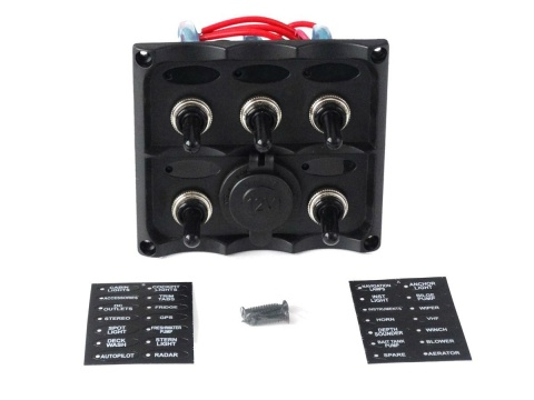 Panel przełączników 12V SPST/ON-OFF x 5 + gniazdo 12V + 3 bezpieczniki 15A IP68