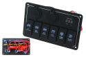 Panel przełączników 12/24V ON-OFF x 6 + gniazdo zapalniczki + gniazdo USB (3.1A) + woltomierz LED + 3 bezpieczniki 15A IP68