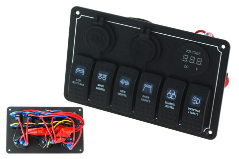 Panel przełączników 12/24V ON-OFF x 6 + gniazdo zapalniczki + gniazdo USB (3.1A) + woltomierz LED + 3 bezpieczniki 15A IP68