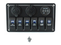 Panel przełączników 12/24V ON-OFF x 6 + gniazdo zapalniczki + gniazdo USB (3.1A) + woltomierz LED + 3 bezpieczniki 15A IP68