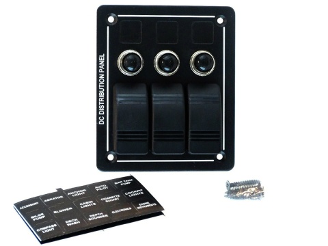 Panel przełączników aluminiowy ON-OFF x 3 + bezpiecznik 5A, 10A, 15A IP68