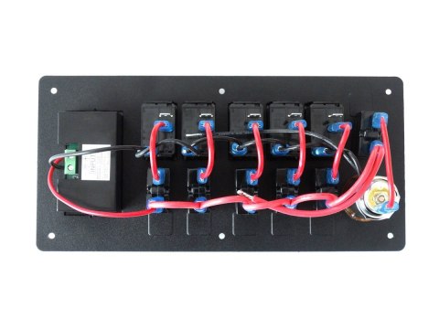 Panel przełączników aluminiowy ON-OFF x 5 + gniazdo zapalniczki + bezpiecznik 3 x 5A, 2 x 10A, 15A IP68