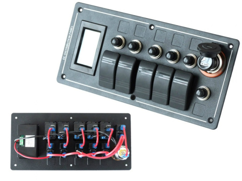 Panel przełączników aluminiowy ON-OFF x 5 + gniazdo zapalniczki + bezpiecznik 3 x 5A, 2 x 10A, 15A IP68