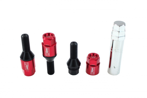 Śruby do kół + nakładki D1Spec Heptagon 14 x 1.5 stalowe red