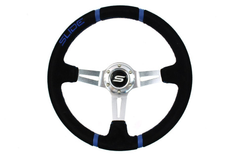 Kierownica zamszowa SLIDE 350mm offset 90mm blue strip