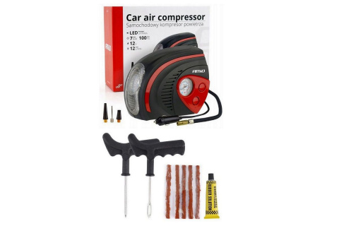 Zestaw naprawczy do opon + kompresor samochodowy 12V + latarka LED