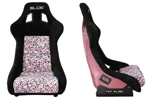Fotel sportowy Slide KS2 Premium Black & Flowers Welur Light Pink Glitter